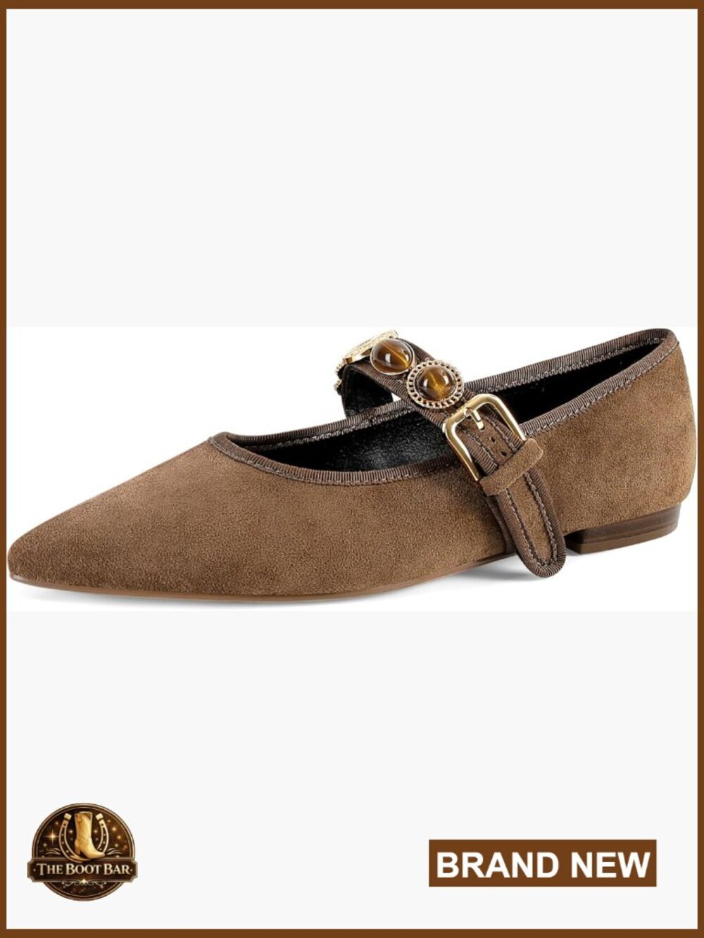 Pointed Toe Mary Jane Flats Gold Studded Buckle Strap Ballet Flats